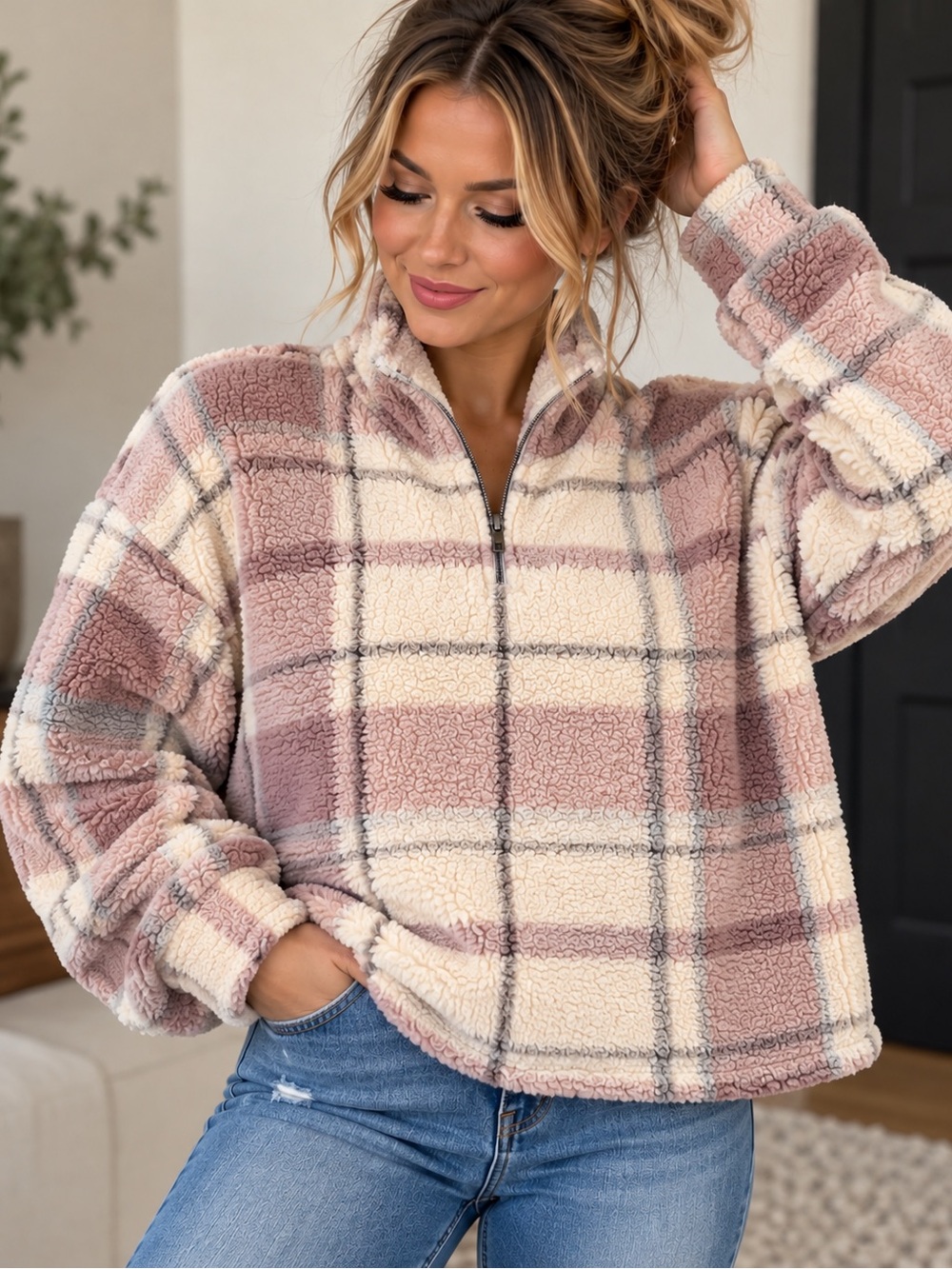 Thread & Supply Pink and Cream Plaid Sherpa Half-Zip Jacket NWOT